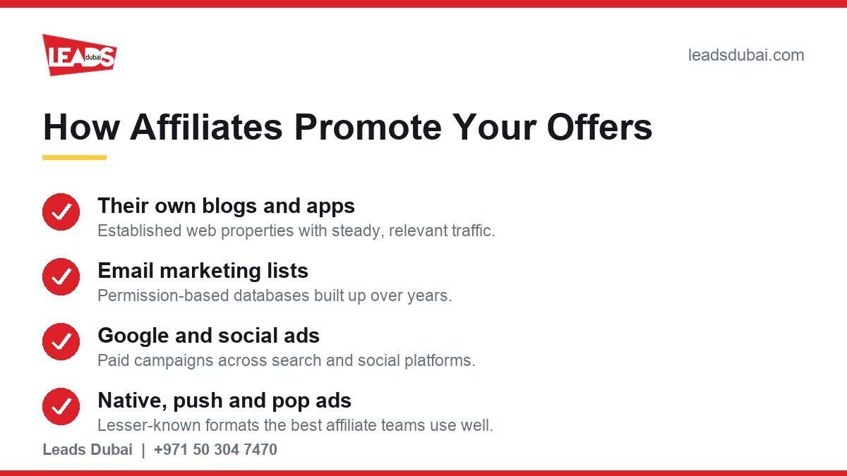 How affiliates promote your offers: their own blogs and apps, email lists, Google and social ads, native, push and pop ads