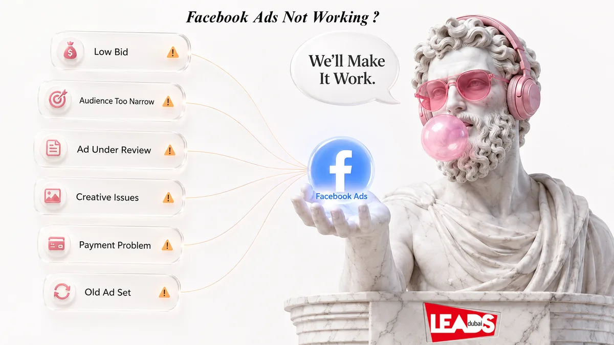 Facebook ads not working checklist showing six causes: low bid, audience too narrow, ad under review, creative issues, payment problem and old ad set