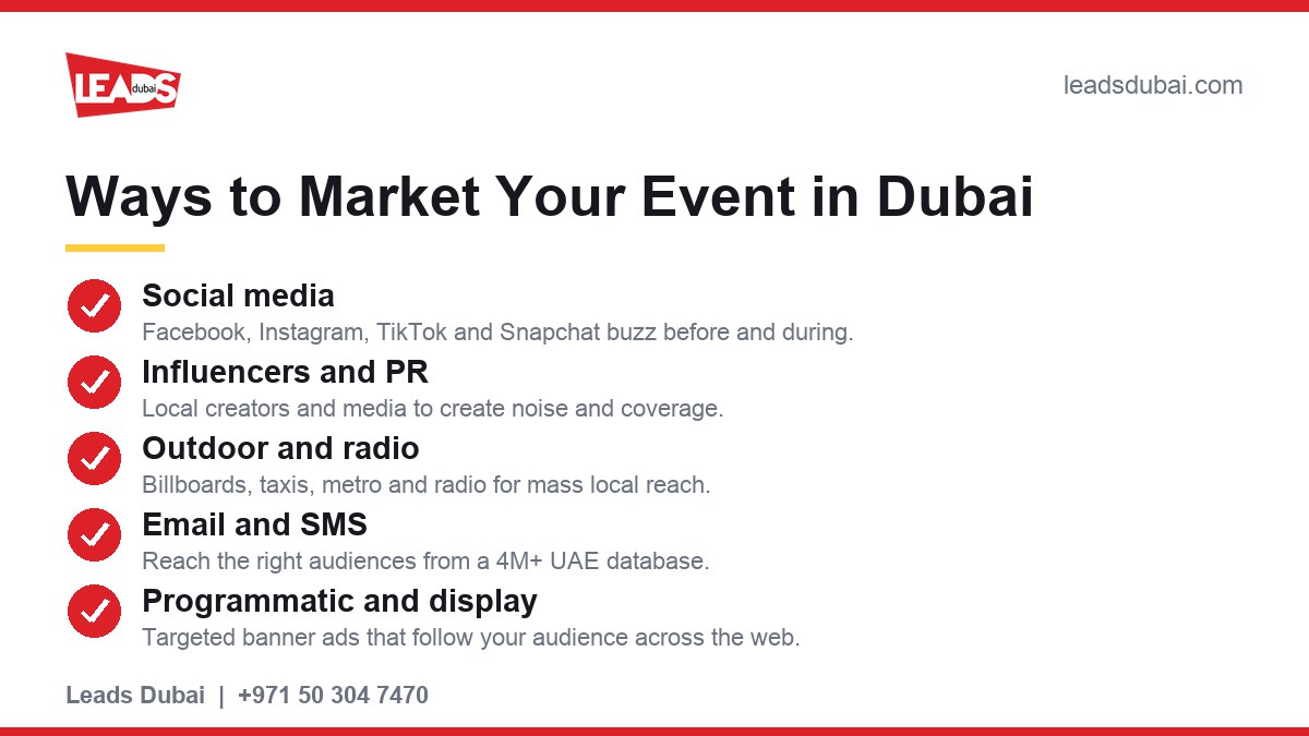 Ways to market your event in Dubai: social media, influencers and PR, outdoor and radio, email and SMS, programmatic and display