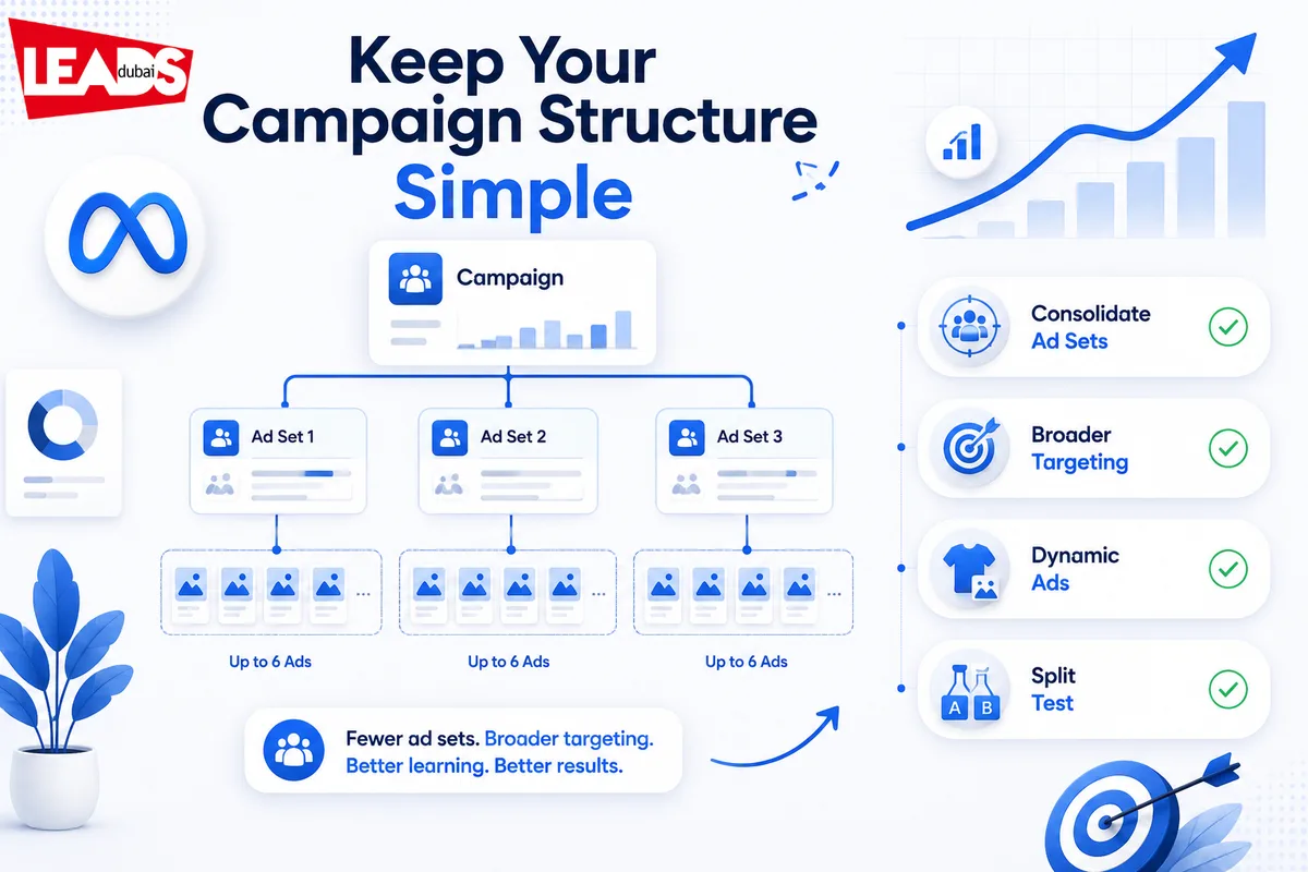 Facebook campaign structure diagram showing one campaign feeding three ad sets with up to six ads each, alongside tips to consolidate ad sets, broaden targeting, use dynamic ads and split test