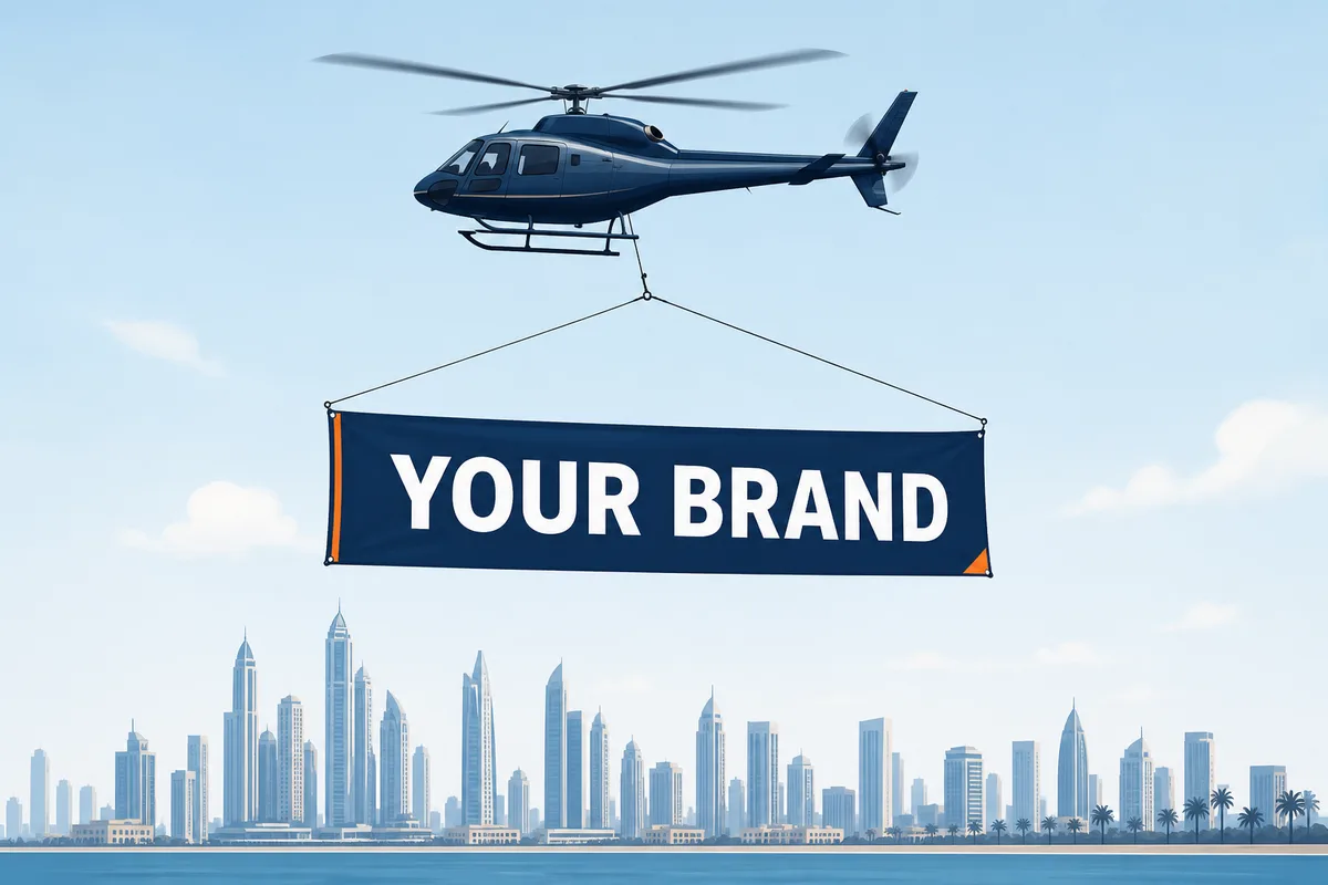 Concept illustration of a helicopter carrying a navy banner with a short white brand message above a coastal skyline