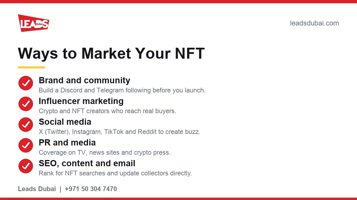 Ways to market your NFT: brand and community, influencer marketing, social media, PR and media, SEO content and email