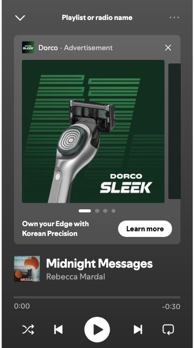 What a Spotify ad looks like on mobile: a sponsored advertisement playing between songs in the UAE