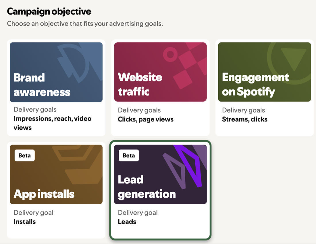 Spotify Ad Studio campaign objectives: brand awareness, website traffic, engagement on Spotify, app installs and lead generation