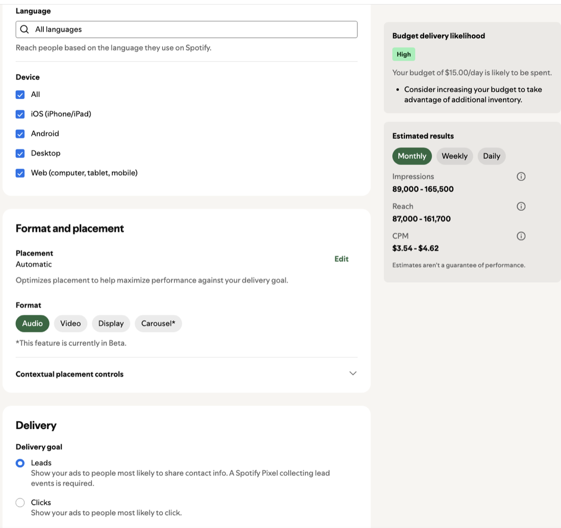 Spotify Ad Studio targeting: language, device and format options with estimated reach, impressions and CPM
