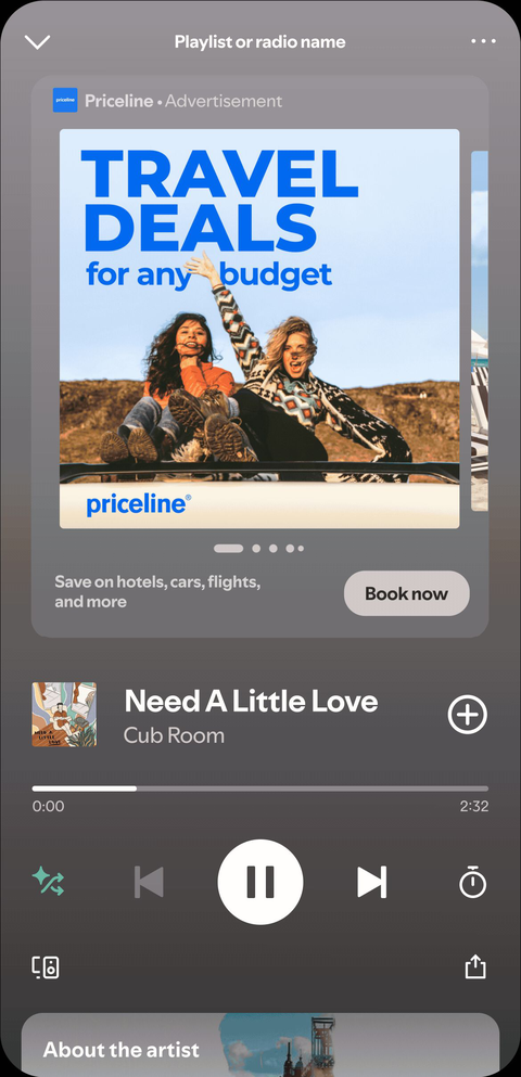 Spotify carousel ad example showing a swipeable Priceline travel deals card with price overlay and Book now button in the Now Playing view