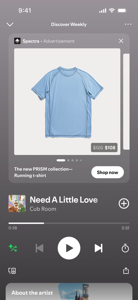 Spotify carousel ad product card showing a clothing item with a price and discount overlay and a Shop now button