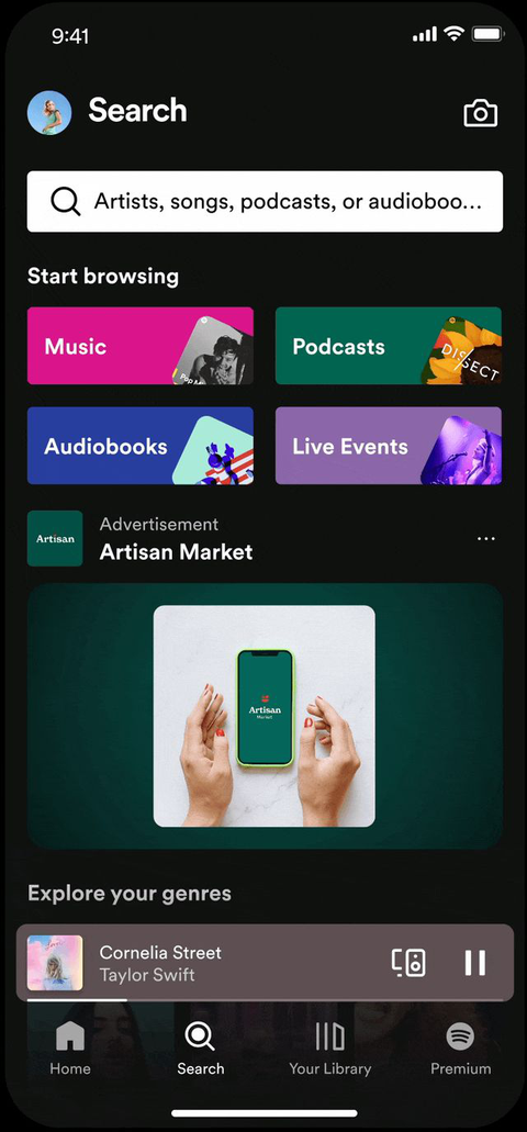 Spotify in-feed display ad on the Browse and search page showing an Artisan Market advertisement below the browse grid