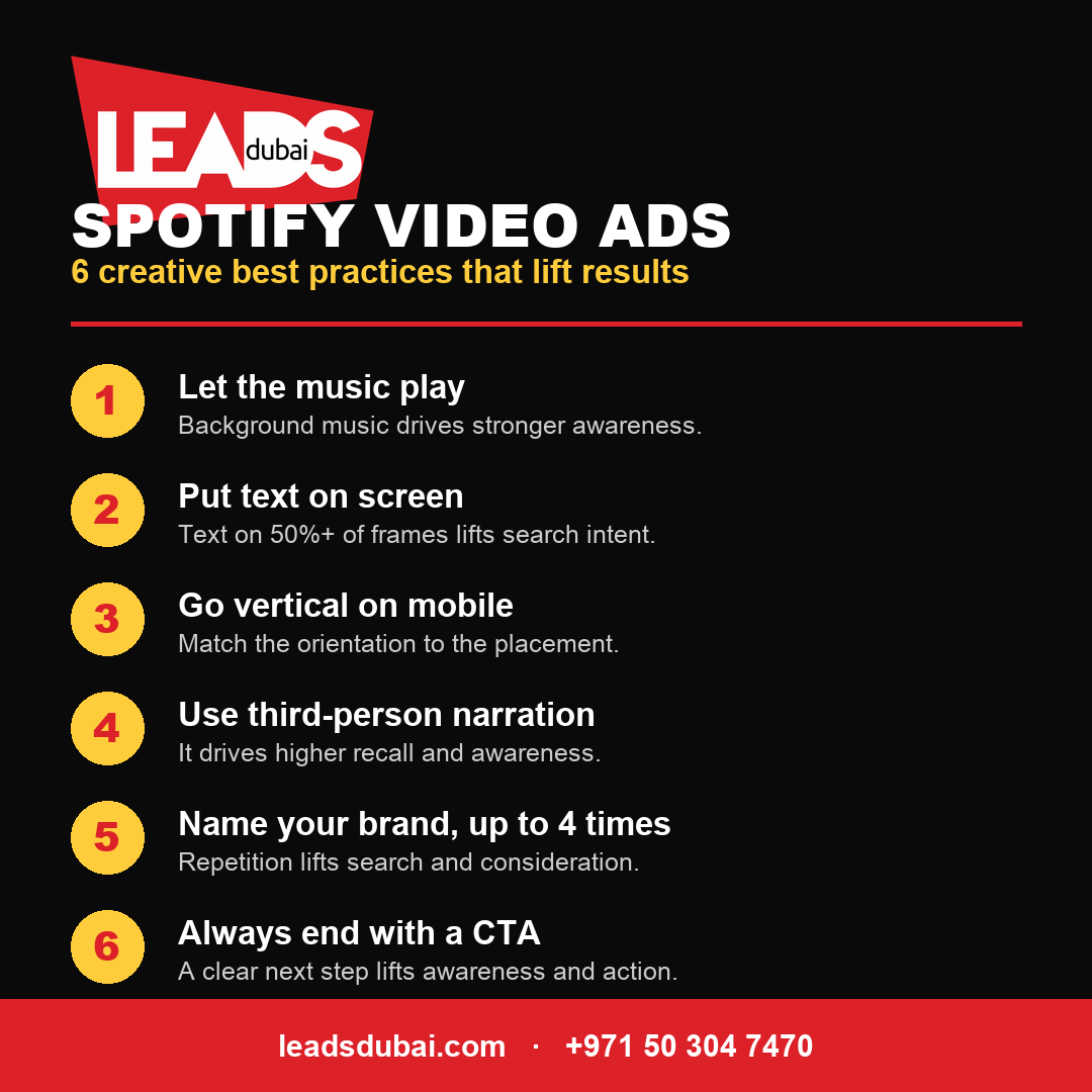 Six creative best practices for Spotify video ads: use background music, put text on screen, go vertical on mobile, use third-person narration, name your brand up to four times, and always end with a call to action